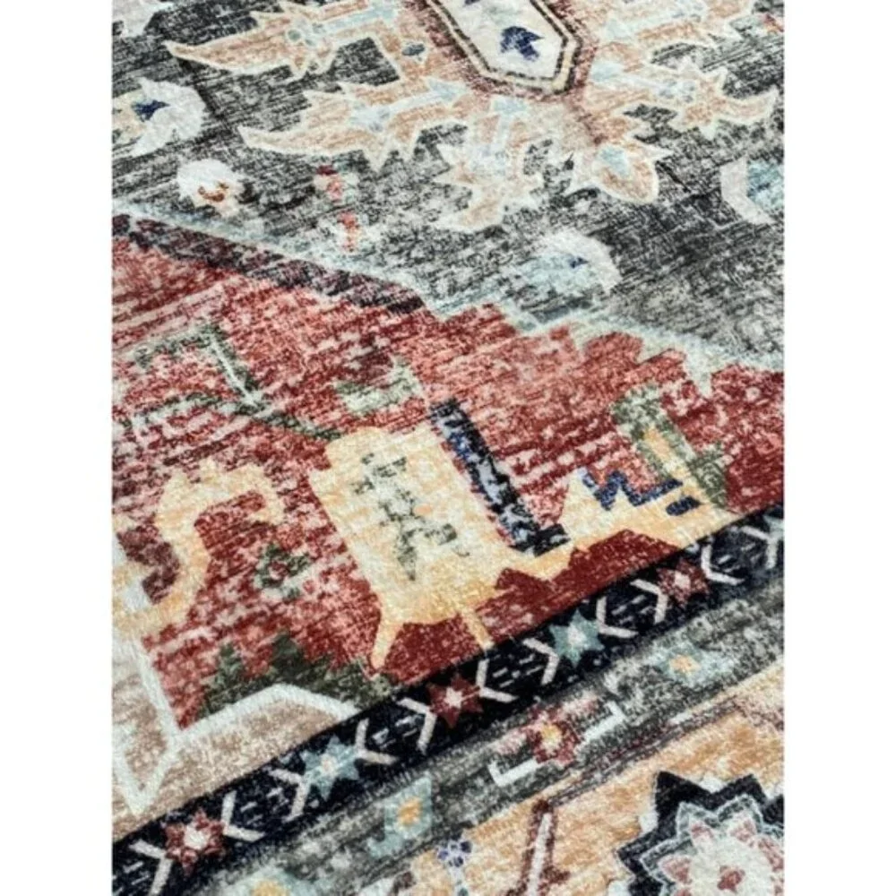 New 6x9 Red Khaki Washable Vintage Rug Non-Slip Floral Carpet for Living Room
